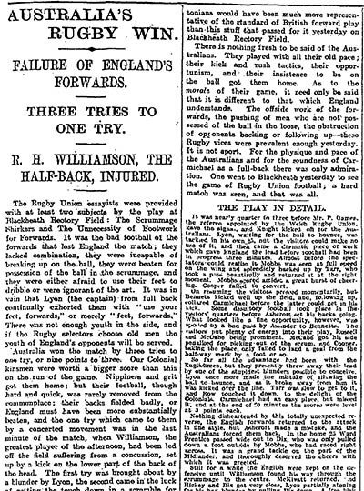 1909 Blackheath rugby match report. Australia win first rugby union international with England at Blackheath. Photograph: The Observer newspaper
