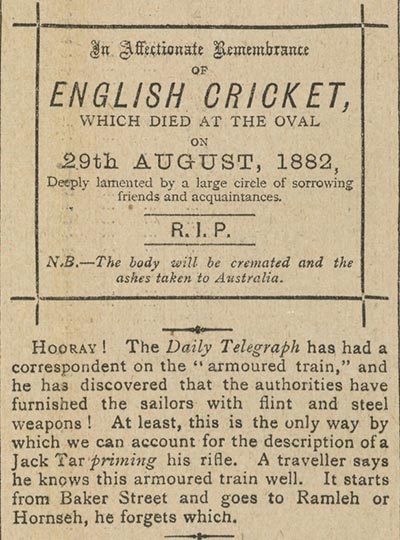 The Ashes’ was first used by the Sporting Times in a satirical obituary after England’s defeat at the Oval in 1882. Photograph: The Sporting Times