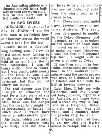 Reg Spiers, australian javelin thrower, writes in 1964 about posting himself back home in a five-foot crate. Photograph: Toledo blade