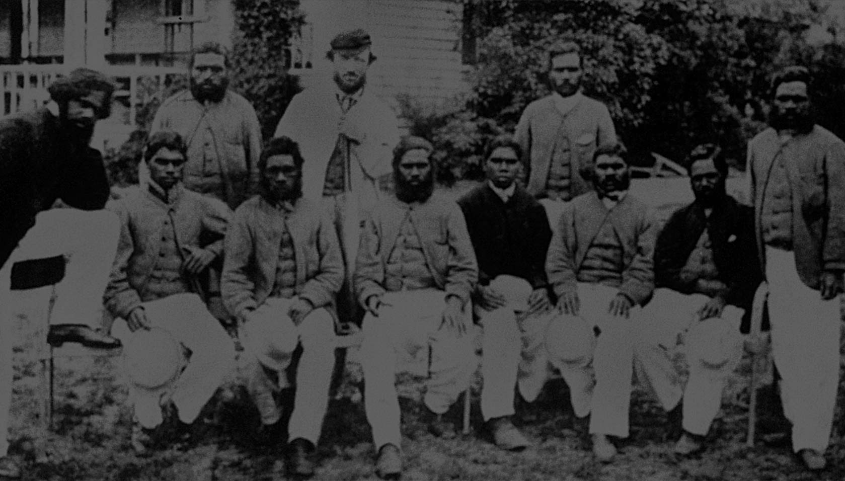 The Aboriginal team who were the first team from Australia to tour England, pictured at the Albert Ground, Sydney. (Back row, left to right) Tarpot, TW Wills, Johnny Mullagh. (Front row, left to right) King Cole, Jellico, Peter, Red Cap, Harry Rose, Bullocky, Cuzens, Dick-a-Dick