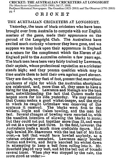 The Manchester Guardian report of the Aboriginal cricket team at Longsight in 1868