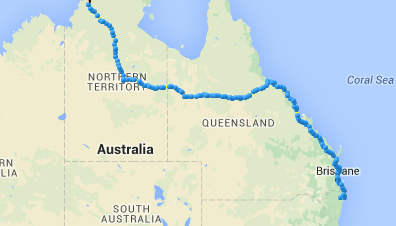 Map of Race Around Australia 2 starting in Darwin and going through NT right down to Queensland.